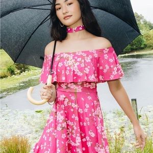 CHERRY BLOSSOM PINK OFF THE SHOULDER FRILL DRESS - LIMITED
